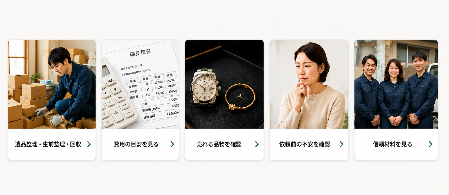 遺品整理、生前整理、料金、買取、依頼前の不安、信頼材料を写真から探せる案内カード