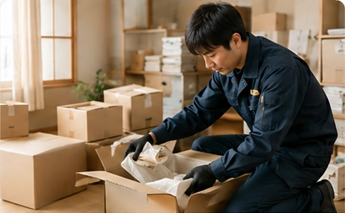 室内で荷物を仕分けるスタッフ